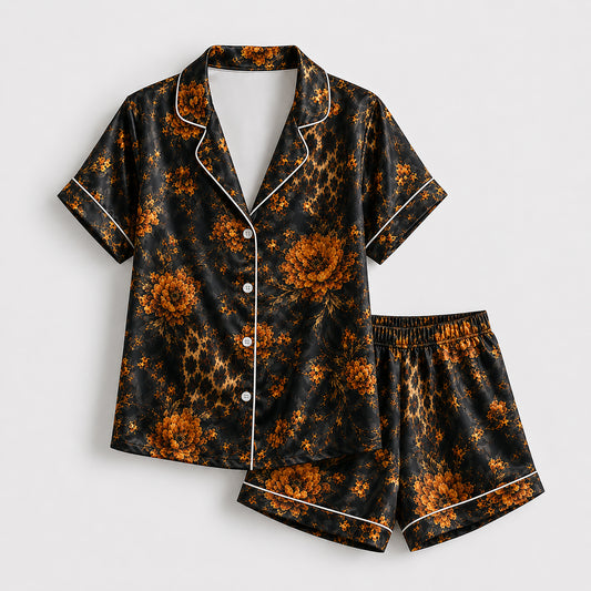 PJ-493-Elegant Dark Floral Leopard Print Satin Pajama Set Two Piece Sleepwear For Women Loungewear