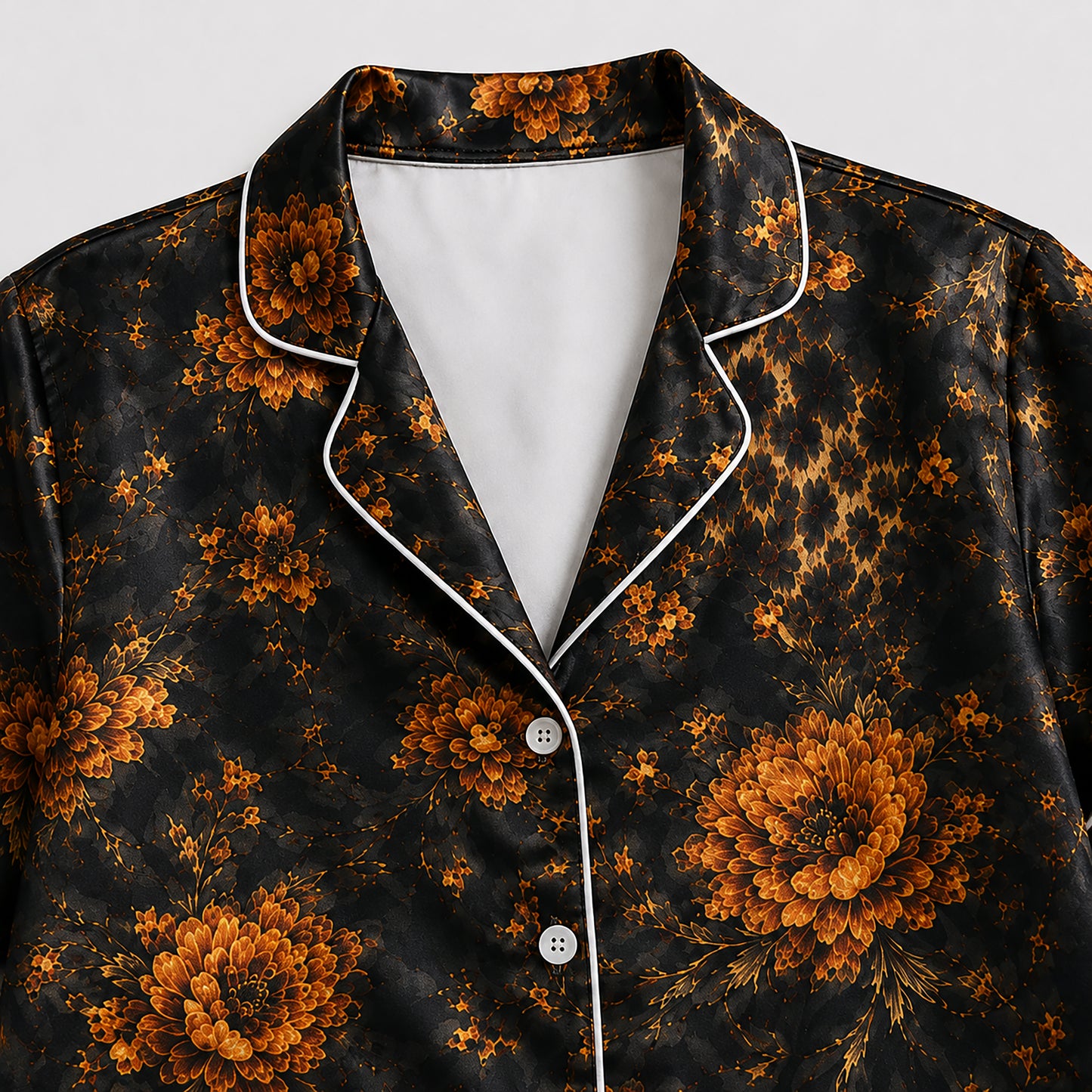 PJ-493-Elegant Dark Floral Leopard Print Satin Pajama Set Two Piece Sleepwear For Women Loungewear