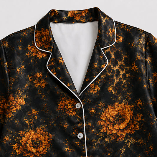 PJ-493-Elegant Dark Floral Leopard Print Satin Pajama Set Two Piece Sleepwear For Women Loungewear