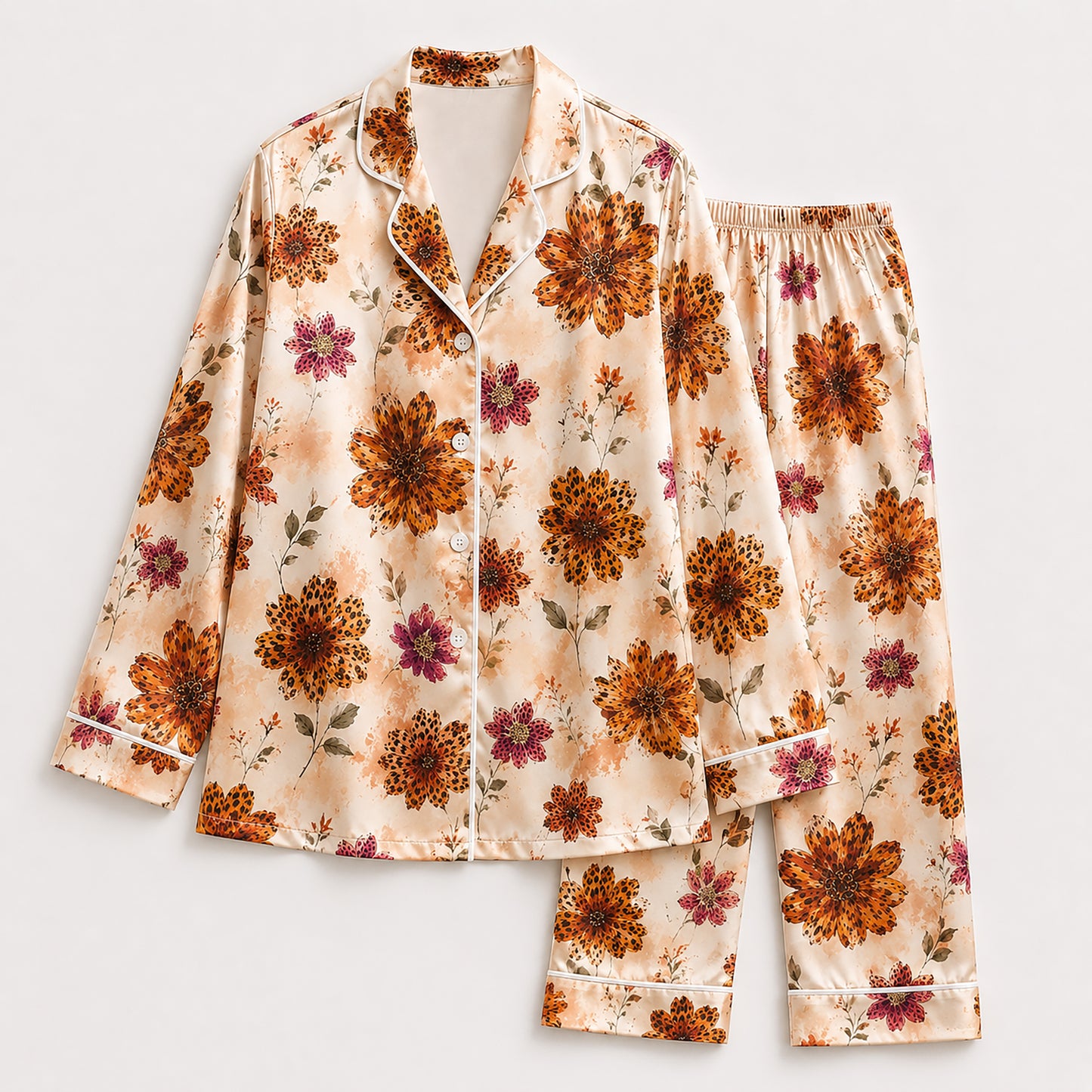PJ-494-Warm Autumn Floral Print Beige Satin Two Piece Pajama Set Sleepwear
