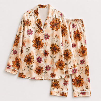 PJ-494-Warm Autumn Floral Print Beige Satin Two Piece Pajama Set Sleepwear