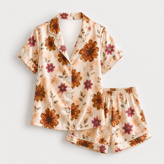 PJ-494-Warm Autumn Floral Print Beige Satin Two Piece Pajama Set Sleepwear