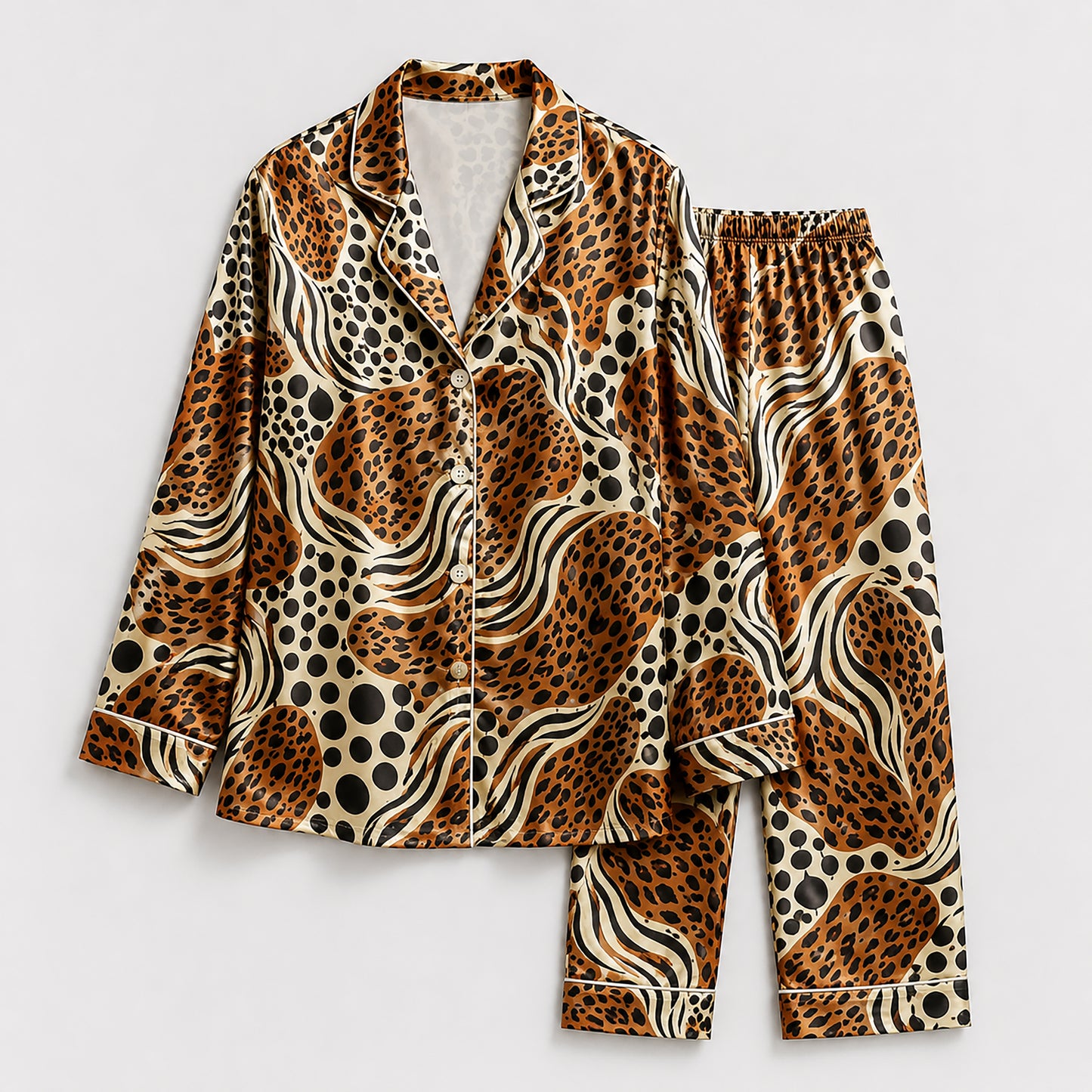 PJ-495-Abstract Leopard Zebra Print Satin Two Piece Pajama Set Sleepwear For Women Luxury Loungewear