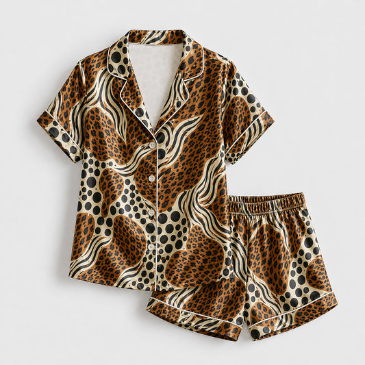 PJ-495-Abstract Leopard Zebra Print Satin Two Piece Pajama Set Sleepwear For Women Luxury Loungewear