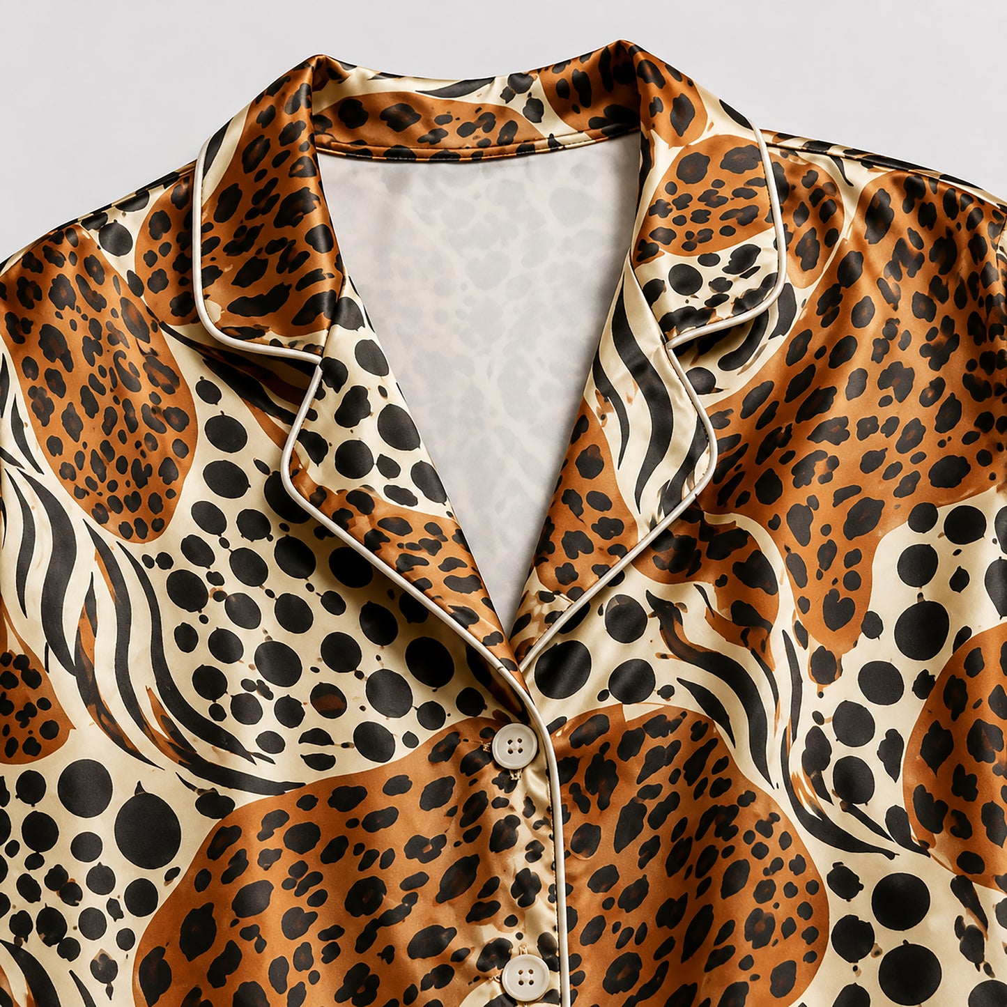 PJ-495-Abstract Leopard Zebra Print Satin Two Piece Pajama Set Sleepwear For Women Luxury Loungewear