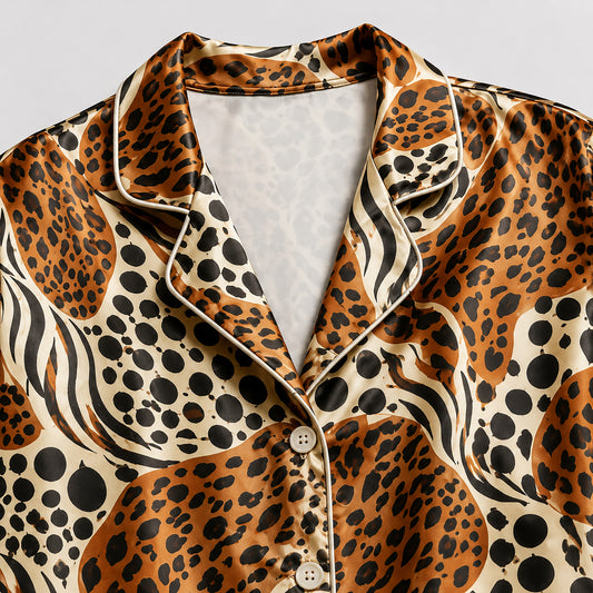 PJ-495-Abstract Leopard Zebra Print Satin Two Piece Pajama Set Sleepwear For Women Luxury Loungewear