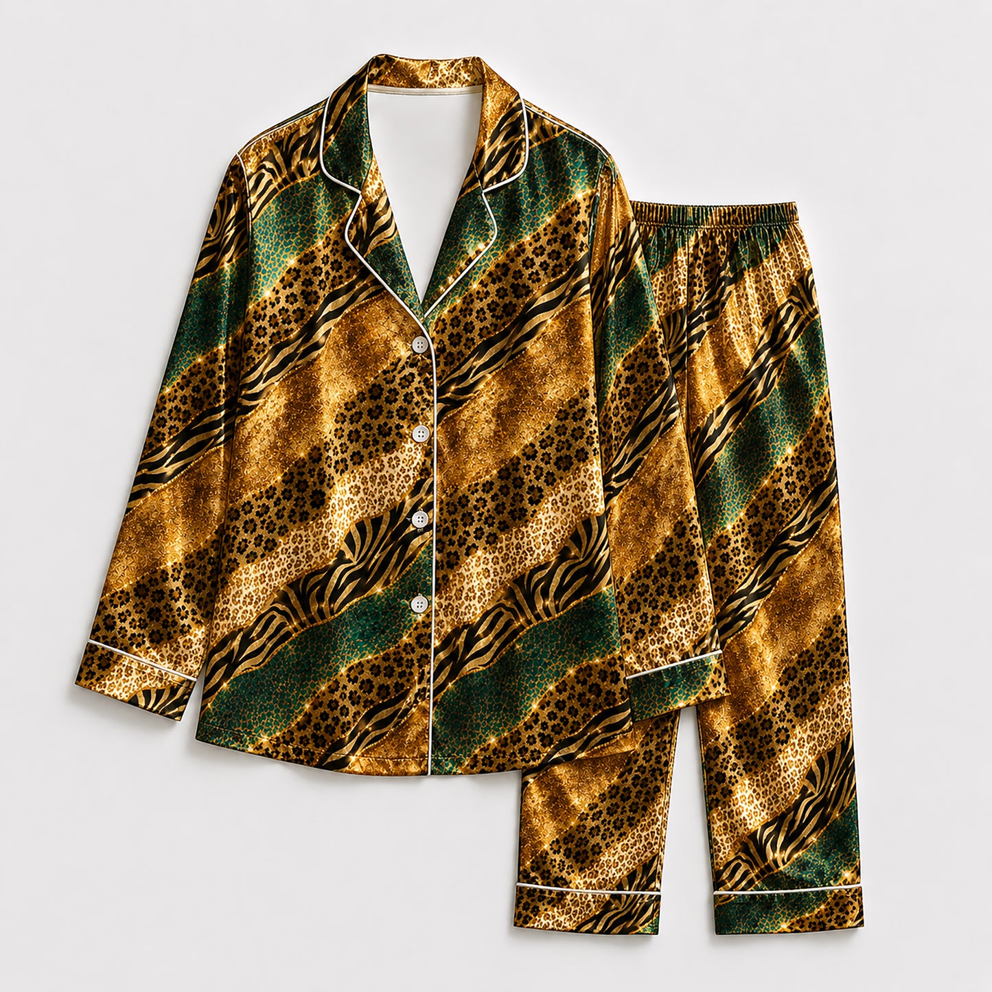 PJ-496-Golden Animal Print Pajama Set Satin Sleepwear With Green And Black Diagonal Stripes
