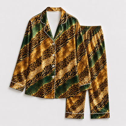 PJ-496-Golden Animal Print Pajama Set Satin Sleepwear With Green And Black Diagonal Stripes