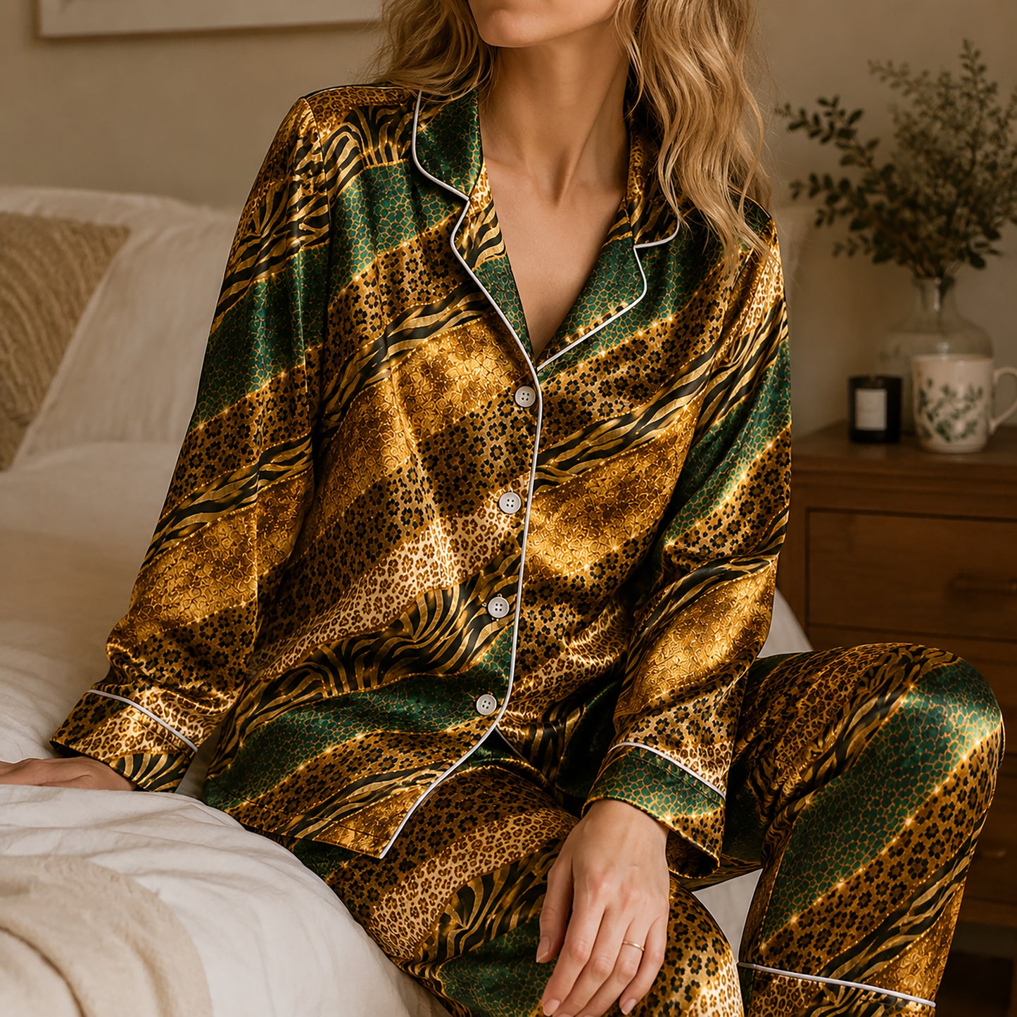 PJ-496-Golden Animal Print Pajama Set Satin Sleepwear With Green And Black Diagonal Stripes