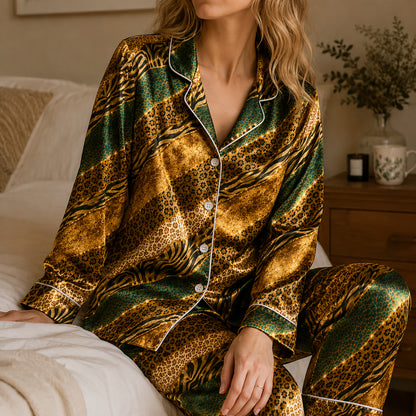 PJ-496-Golden Animal Print Pajama Set Satin Sleepwear With Green And Black Diagonal Stripes