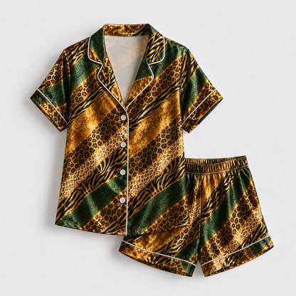 PJ-496-Golden Animal Print Pajama Set Satin Sleepwear With Green And Black Diagonal Stripes