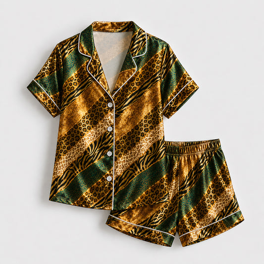 PJ-496-Golden Animal Print Pajama Set Satin Sleepwear With Green And Black Diagonal Stripes