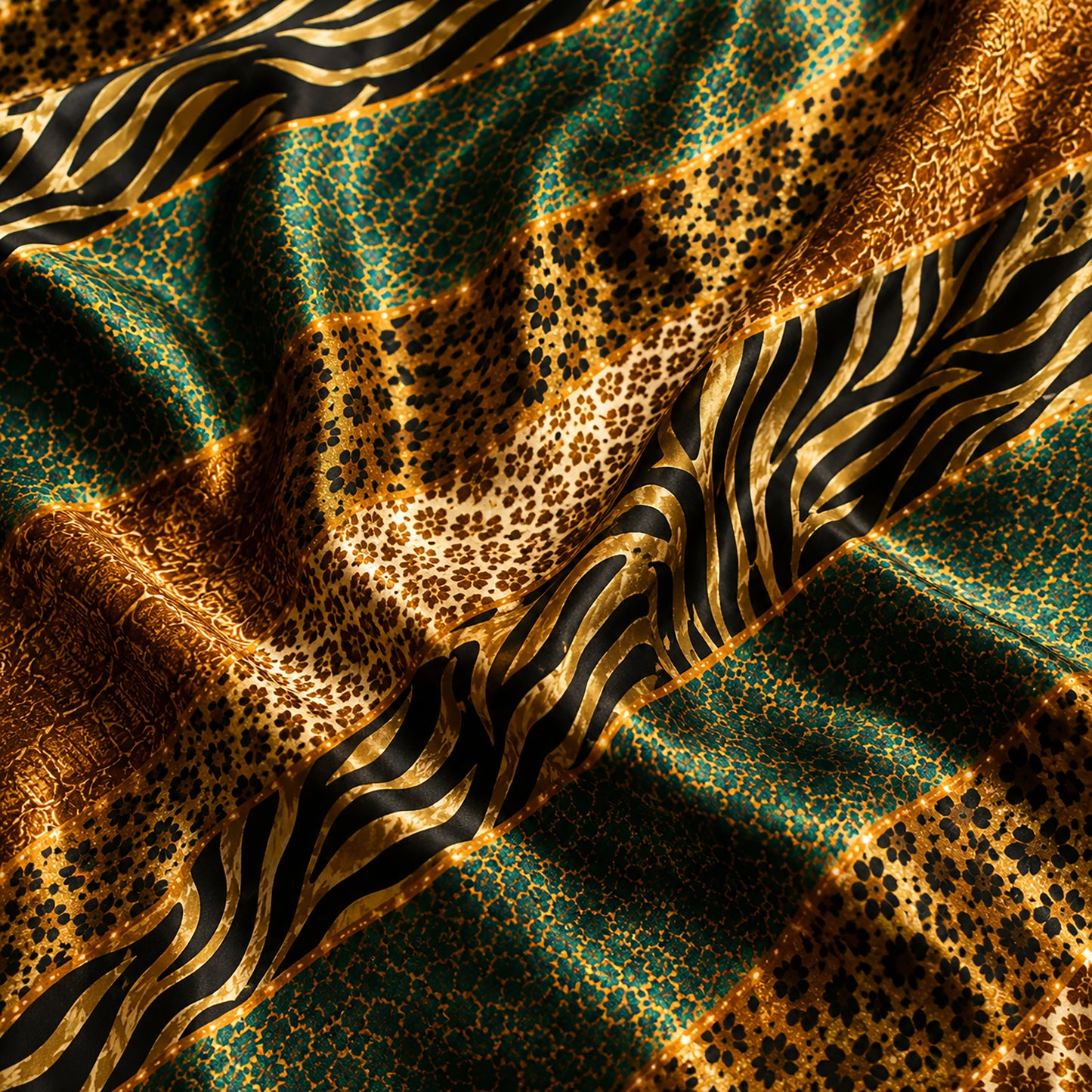 PJ-496-Golden Animal Print Pajama Set Satin Sleepwear With Green And Black Diagonal Stripes