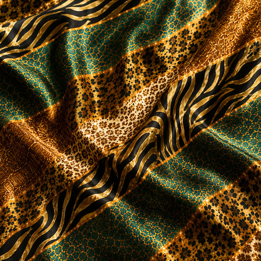 PJ-496-Golden Animal Print Pajama Set Satin Sleepwear With Green And Black Diagonal Stripes