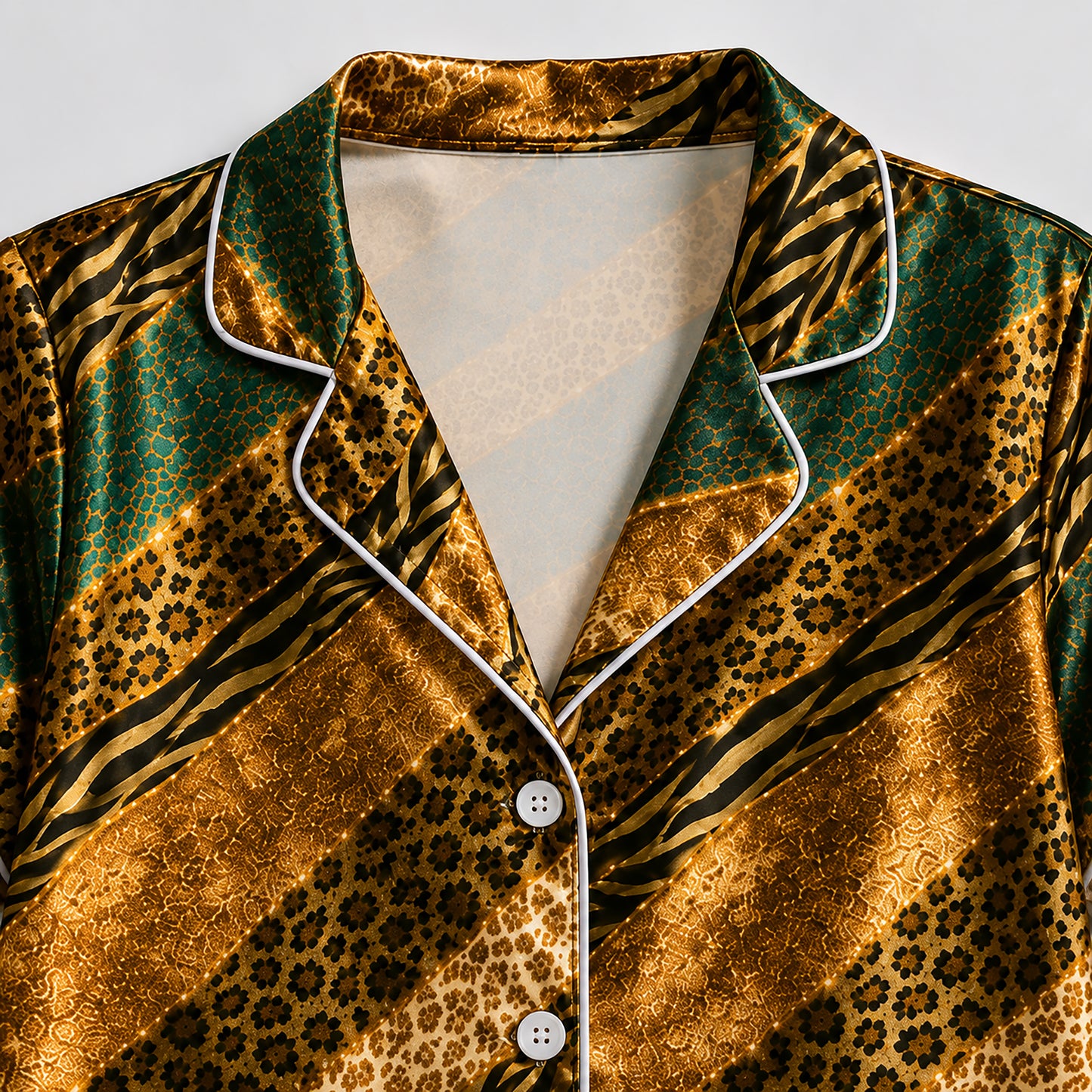 PJ-496-Golden Animal Print Pajama Set Satin Sleepwear With Green And Black Diagonal Stripes