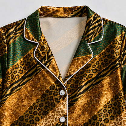 PJ-496-Golden Animal Print Pajama Set Satin Sleepwear With Green And Black Diagonal Stripes