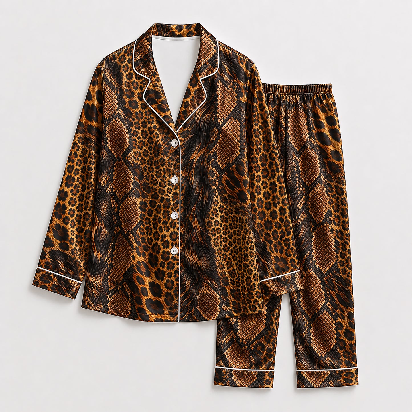 PJ-497-Exotic Animal Print Satin Pajama Button Up Sleepwear Set In Brown Tones