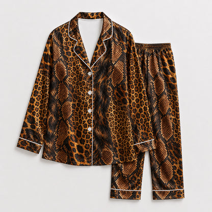 PJ-497-Exotic Animal Print Satin Pajama Button Up Sleepwear Set In Brown Tones