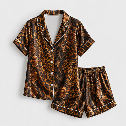 PJ-497-Exotic Animal Print Satin Pajama Button Up Sleepwear Set In Brown Tones