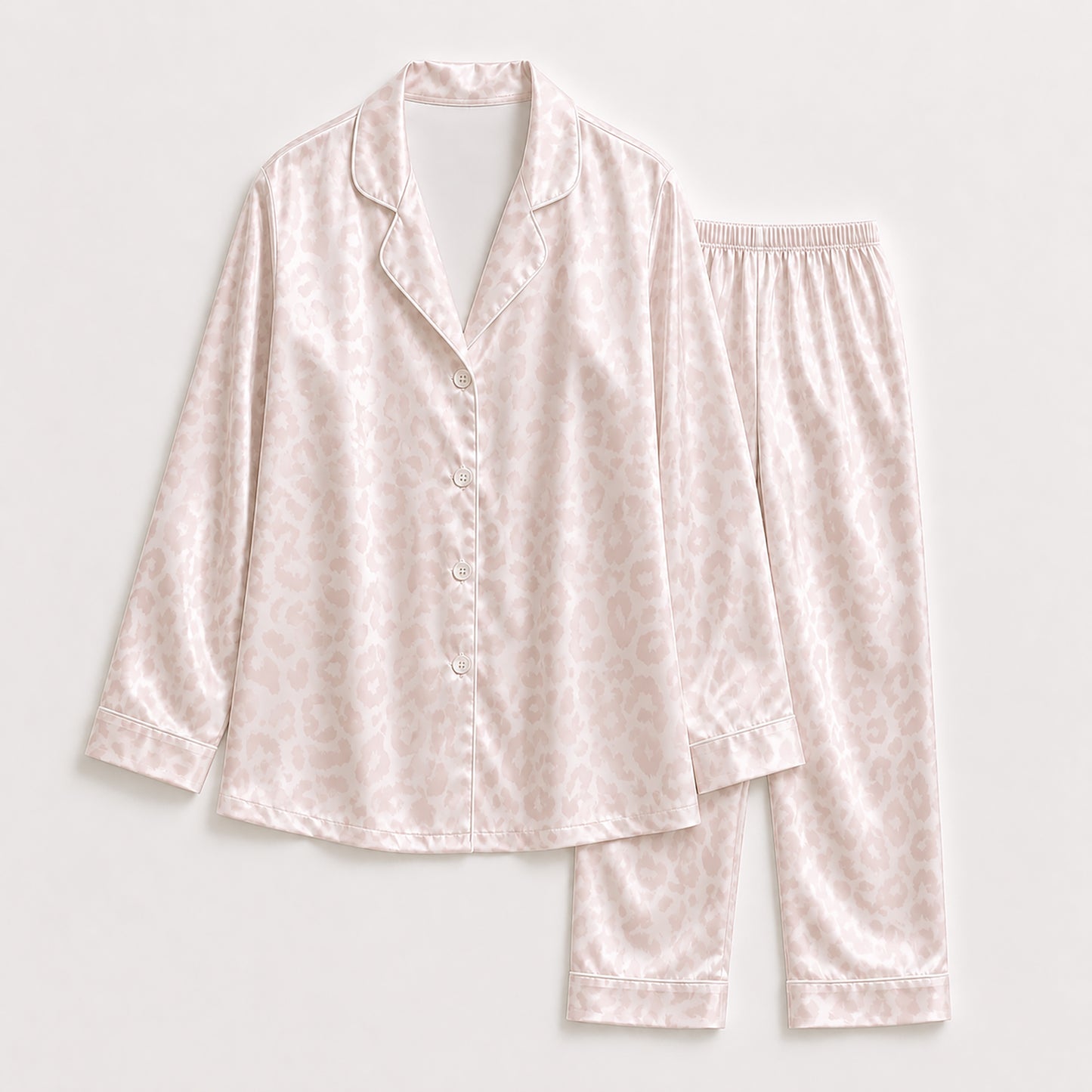 PJ-498-Satin Sleepwear Set For Women Pink Animal Print Button Down Pajamas