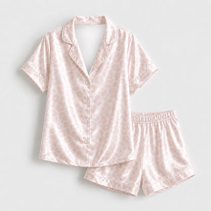 PJ-498-Satin Sleepwear Set For Women Pink Animal Print Button Down Pajamas