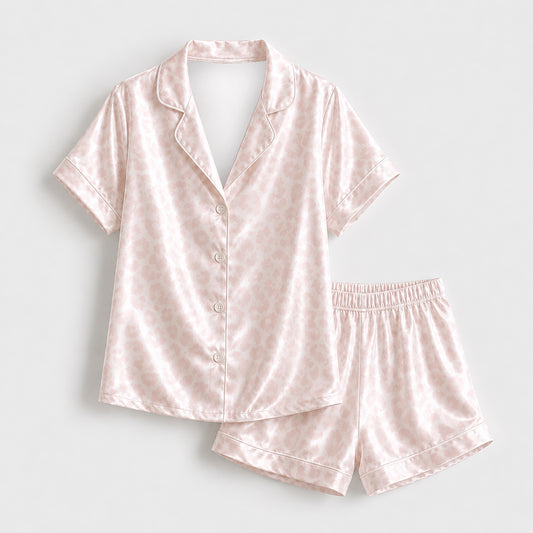 PJ-498-Satin Sleepwear Set For Women Pink Animal Print Button Down Pajamas