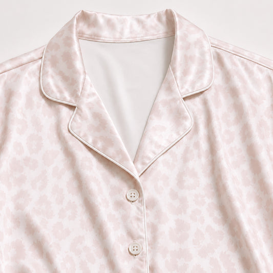 PJ-498-Satin Sleepwear Set For Women Pink Animal Print Button Down Pajamas