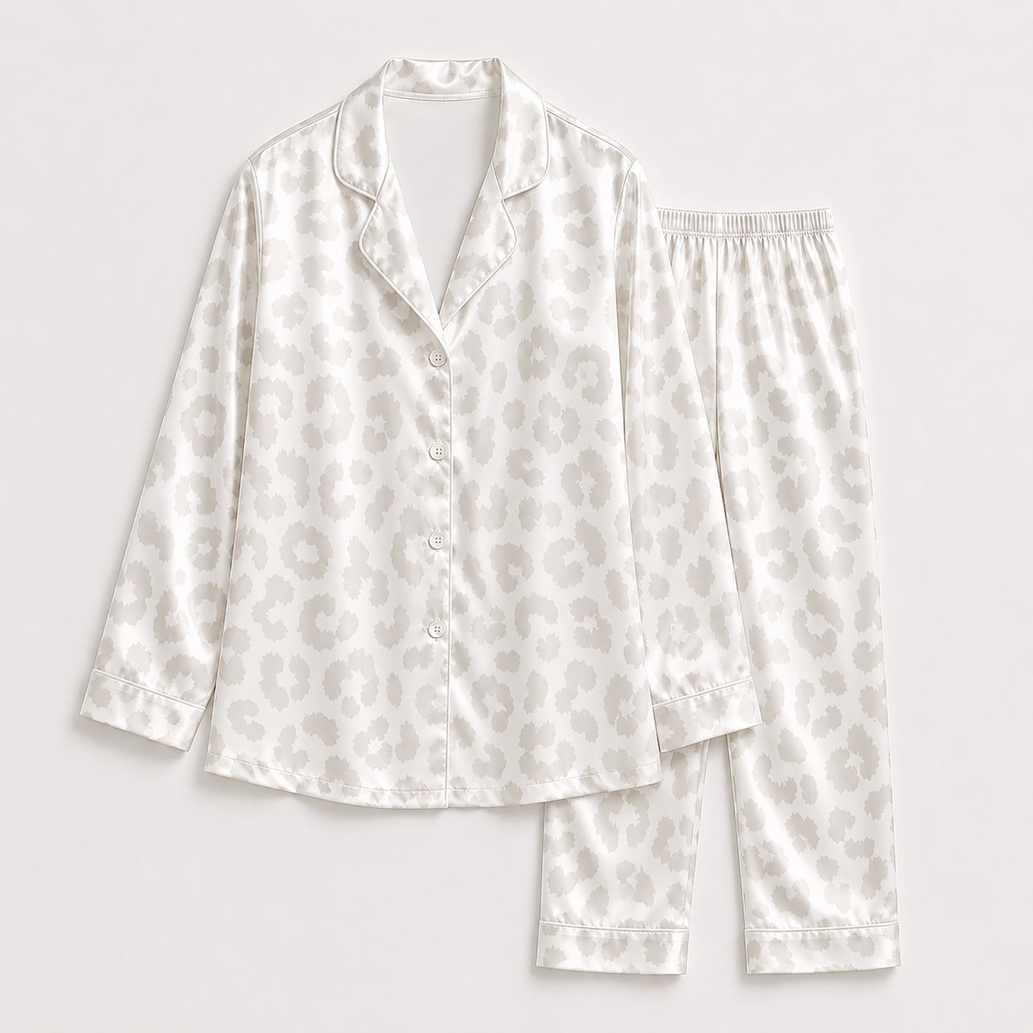 PJ-499-Women's Satin Loungewear Set Ivory Neutral Animal Print Button Up Sleepwear Pajamas
