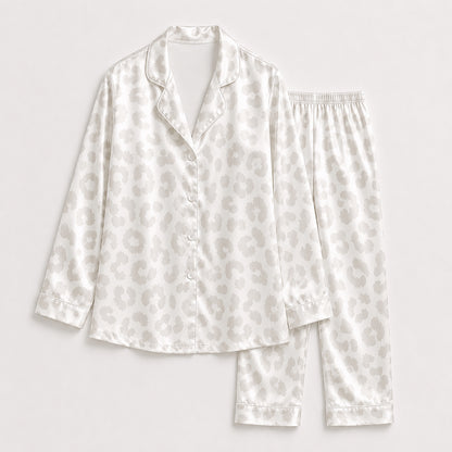 PJ-499-Women's Satin Loungewear Set Ivory Neutral Animal Print Button Up Sleepwear Pajamas