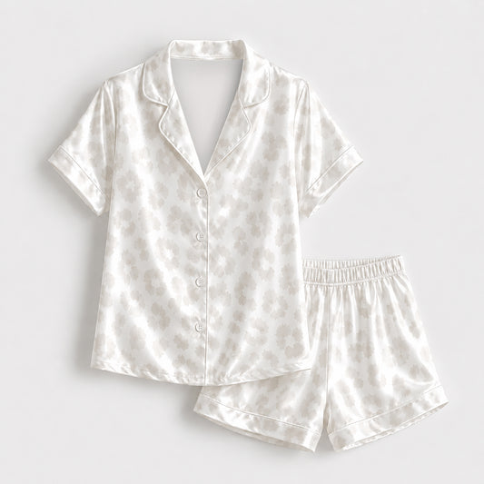 PJ-499-Women's Satin Loungewear Set Ivory Neutral Animal Print Button Up Sleepwear Pajamas