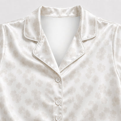 PJ-499-Women's Satin Loungewear Set Ivory Neutral Animal Print Button Up Sleepwear Pajamas