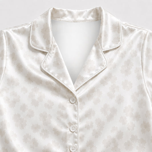 PJ-499-Women's Satin Loungewear Set Ivory Neutral Animal Print Button Up Sleepwear Pajamas
