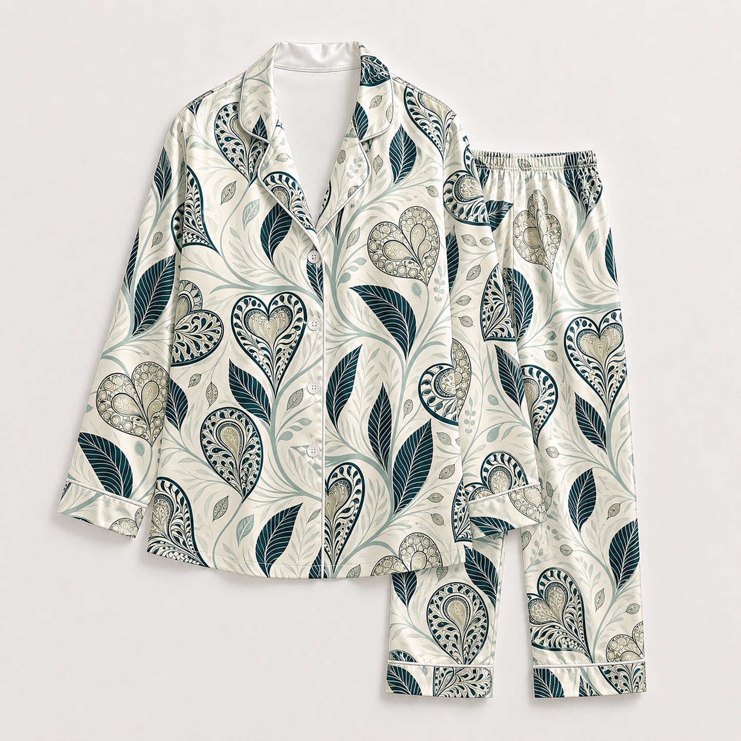 PJ-500-Teal Botanical Heart Print Satin Pajama Set Two Piece Sleepwear Loungewear Outfit