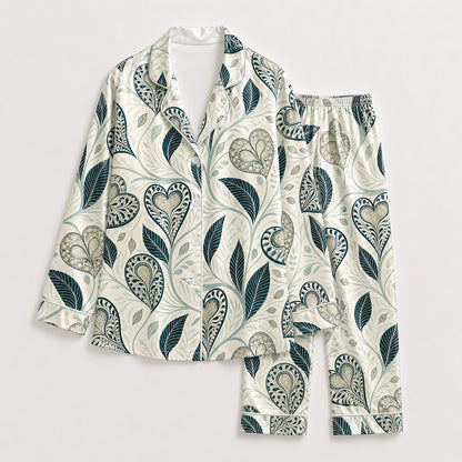 PJ-500-Teal Botanical Heart Print Satin Pajama Set Two Piece Sleepwear Loungewear Outfit