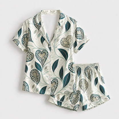 PJ-500-Teal Botanical Heart Print Satin Pajama Set Two Piece Sleepwear Loungewear Outfit