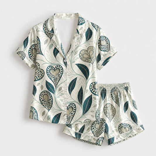 PJ-500-Teal Botanical Heart Print Satin Pajama Set Two Piece Sleepwear Loungewear Outfit