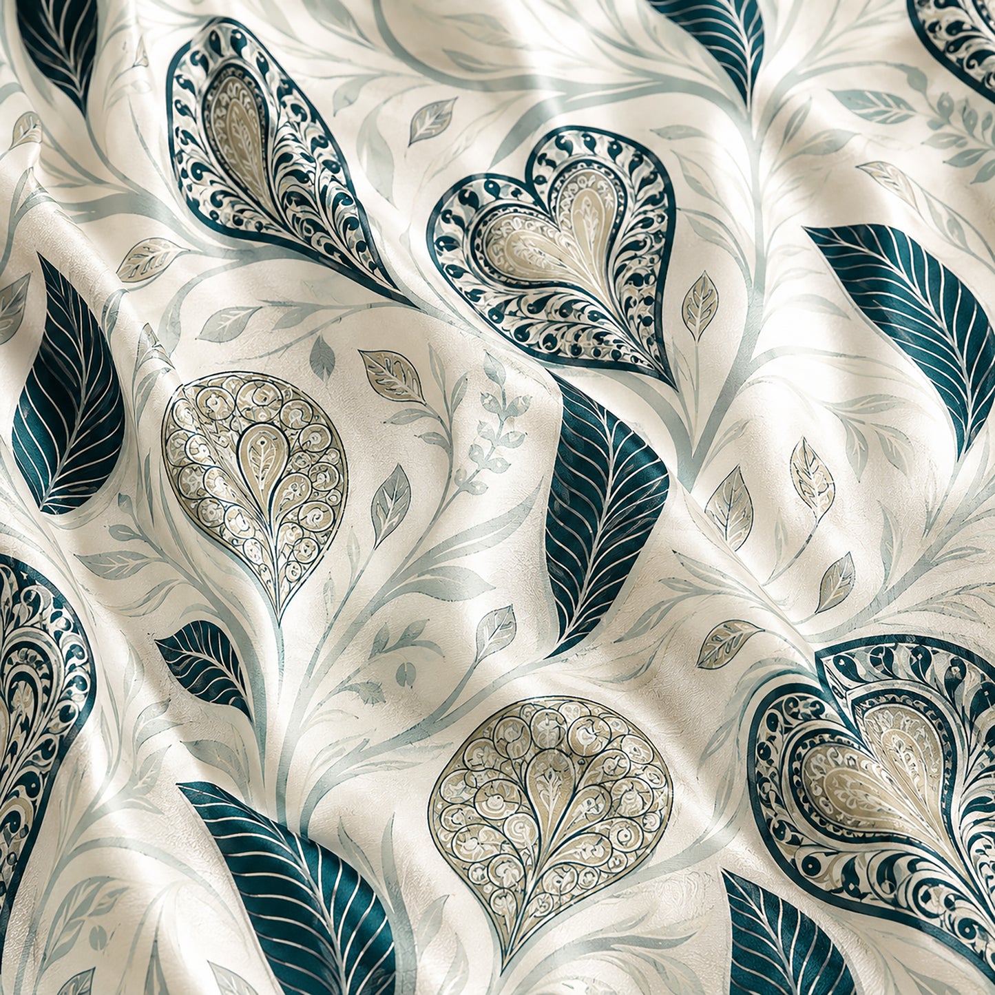 PJ-500-Teal Botanical Heart Print Satin Pajama Set Two Piece Sleepwear Loungewear Outfit