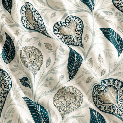 PJ-500-Teal Botanical Heart Print Satin Pajama Set Two Piece Sleepwear Loungewear Outfit