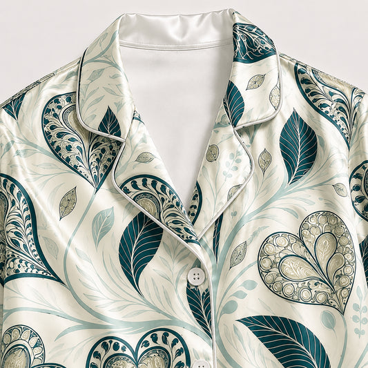 PJ-500-Teal Botanical Heart Print Satin Pajama Set Two Piece Sleepwear Loungewear Outfit