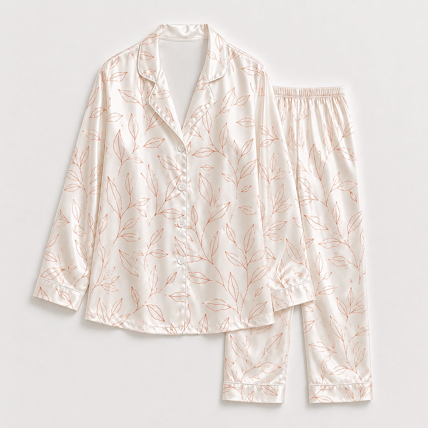 PJ-501-Satin Pajama Set Minimalist Orange Leaf Print Two Piece Loungewear Button Up Sleepwear