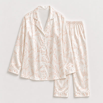 PJ-501-Satin Pajama Set Minimalist Orange Leaf Print Two Piece Loungewear Button Up Sleepwear