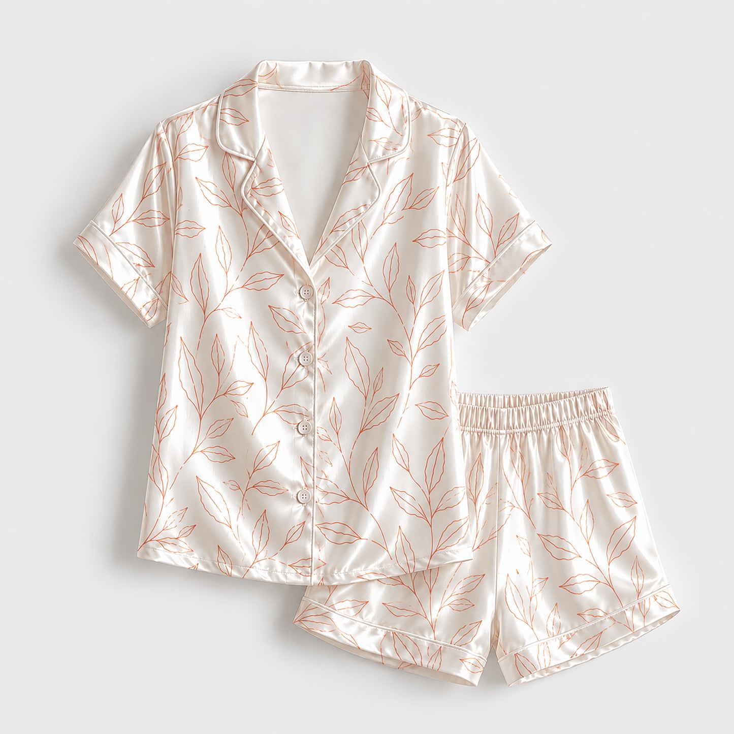 PJ-501-Satin Pajama Set Minimalist Orange Leaf Print Two Piece Loungewear Button Up Sleepwear