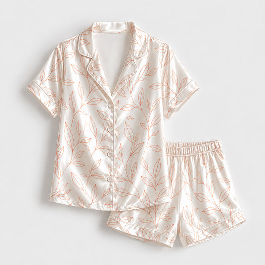 PJ-501-Satin Pajama Set Minimalist Orange Leaf Print Two Piece Loungewear Button Up Sleepwear