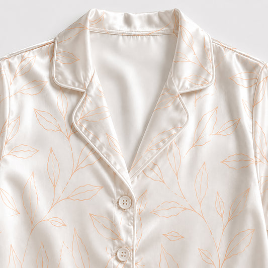 PJ-501-Satin Pajama Set Minimalist Orange Leaf Print Two Piece Loungewear Button Up Sleepwear