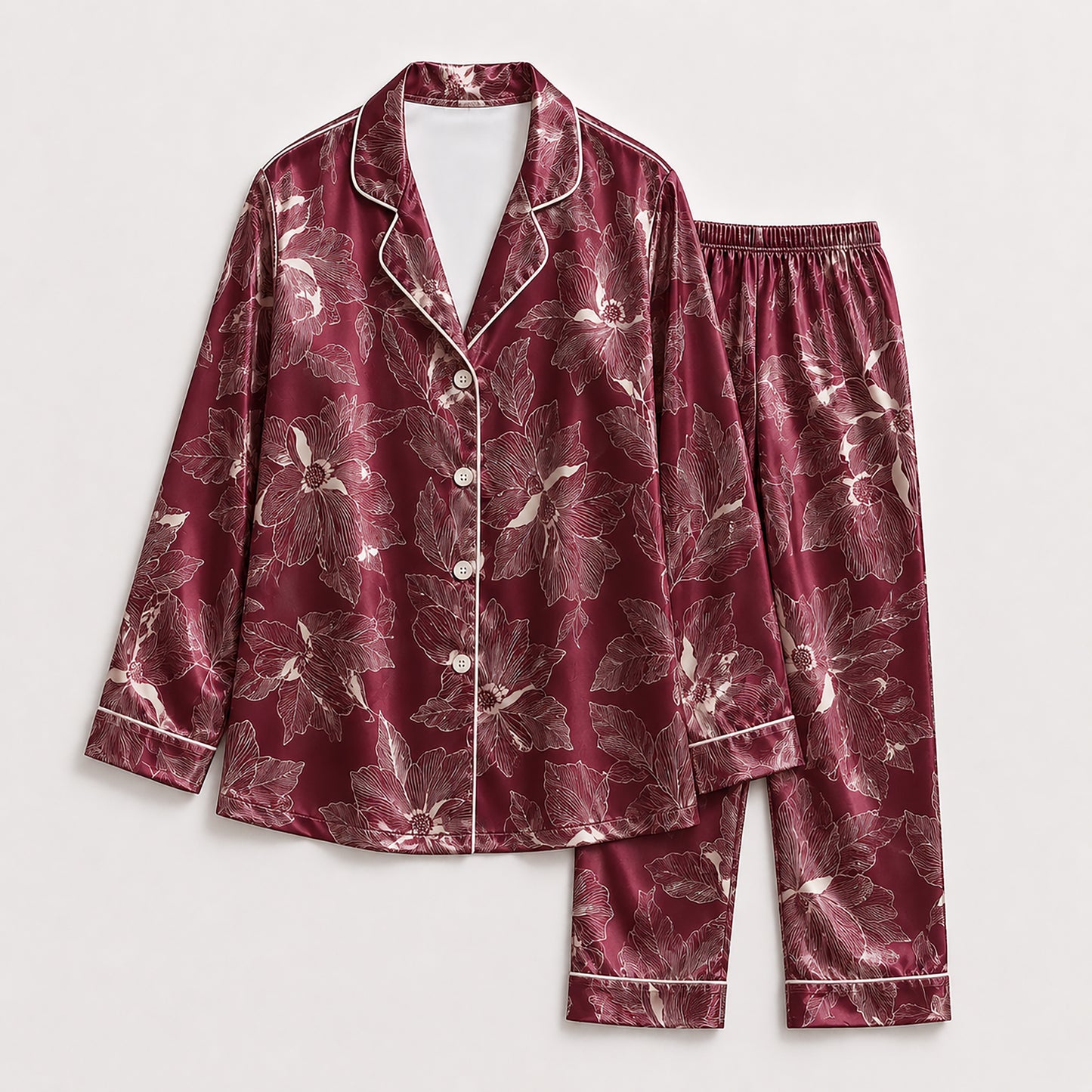 PJ-502-Burgundy Floral Pajama Apparel, Botanical Pattern Loungewear Sleepwear Collection Top Bottom Clothing