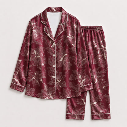 PJ-502-Burgundy Floral Pajama Apparel, Botanical Pattern Loungewear Sleepwear Collection Top Bottom Clothing