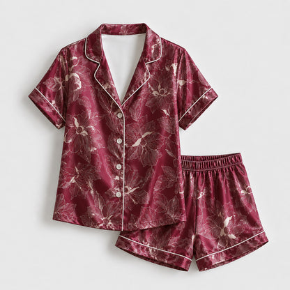 PJ-502-Burgundy Floral Pajama Apparel, Botanical Pattern Loungewear Sleepwear Collection Top Bottom Clothing