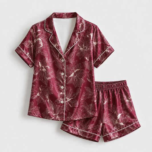 PJ-502-Burgundy Floral Pajama Apparel, Botanical Pattern Loungewear Sleepwear Collection Top Bottom Clothing