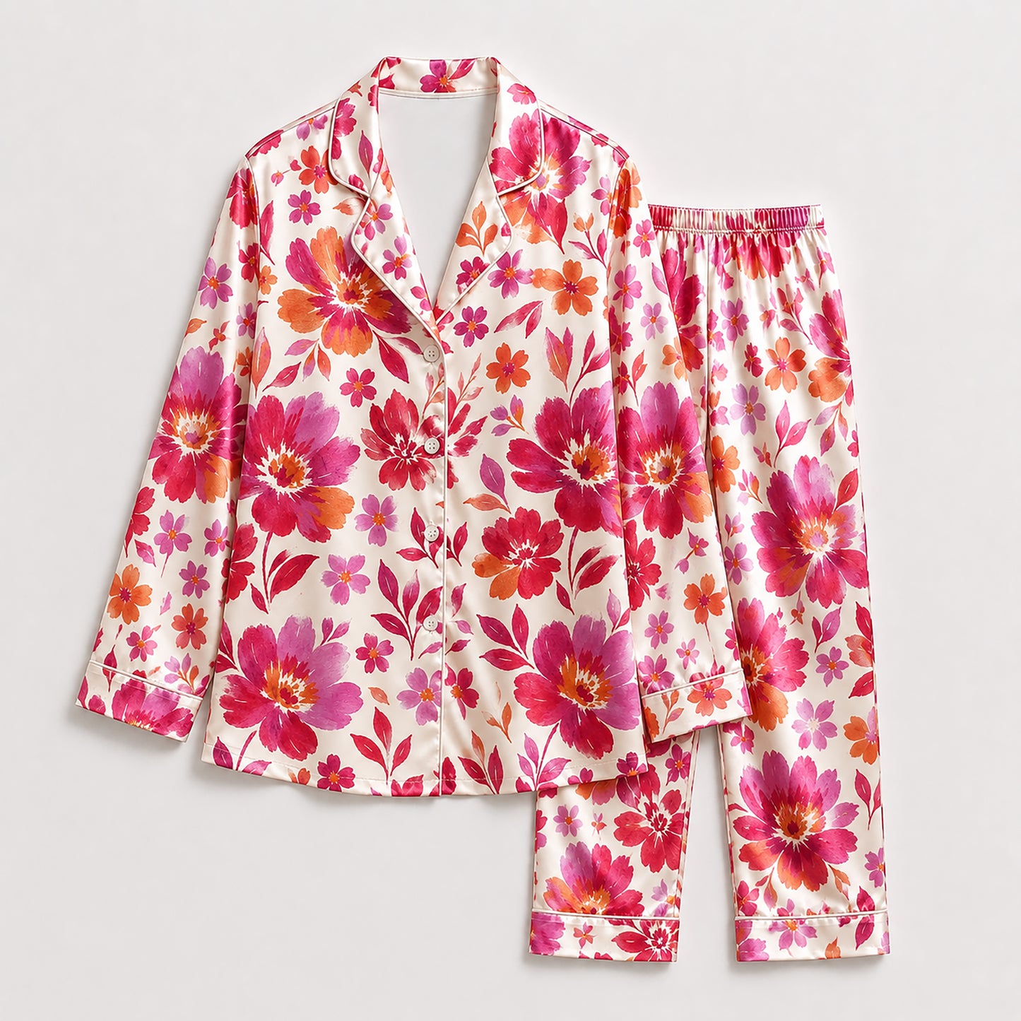 PJ-503-Cream Floral Pajama Apparel, Botanical Pattern Loungewear Sleepwear Collection Top Bottom Clothing