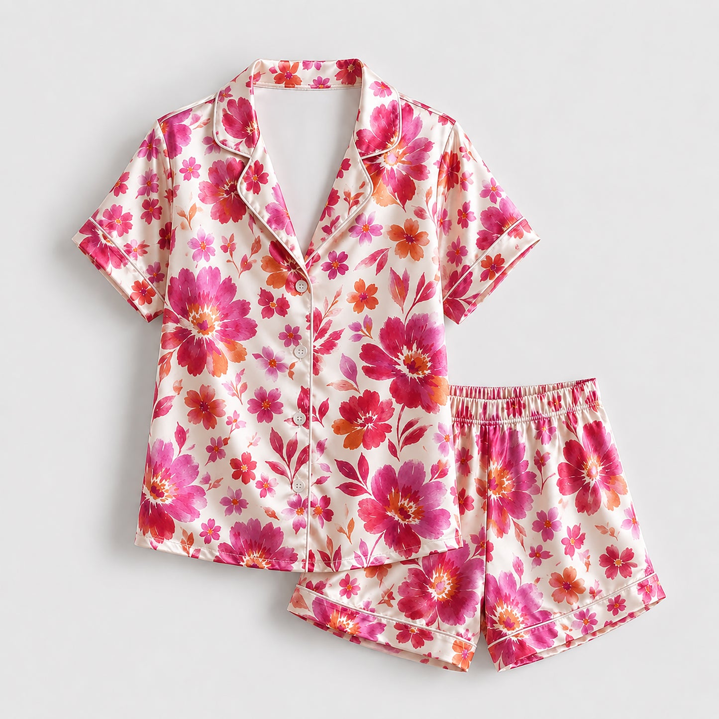 PJ-503-Cream Floral Pajama Apparel, Botanical Pattern Loungewear Sleepwear Collection Top Bottom Clothing